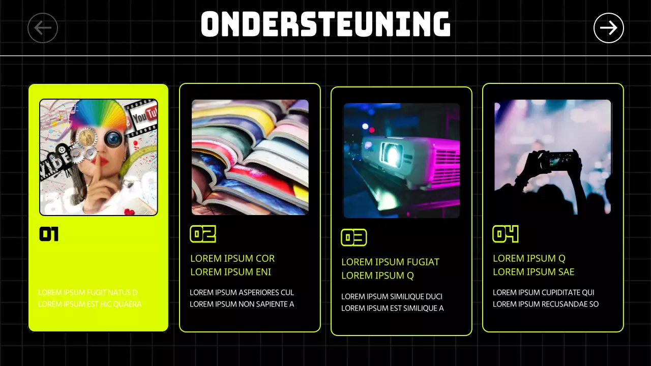 Kitscherig geïllustreerde stickers en vette lettertypes in zwart en neonkleuren geven een ritmisch gevoel aan de gigs en verhuurgidsen.