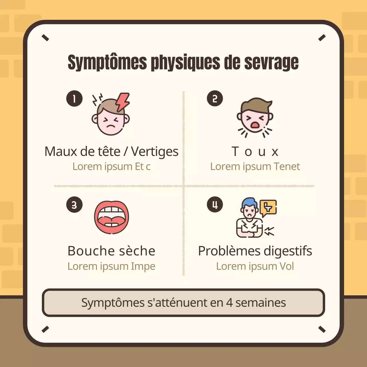 Illustration jaune et marron des symptômes du sevrage tabagique