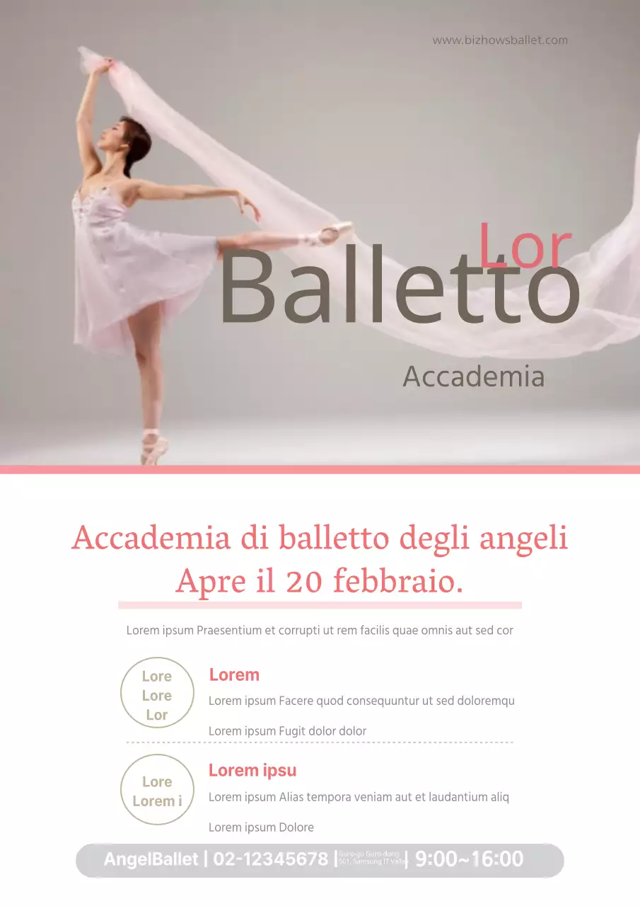 Promuovere l'apertura di un'accademia di danza classica con la foto di una ballerina in rosa.