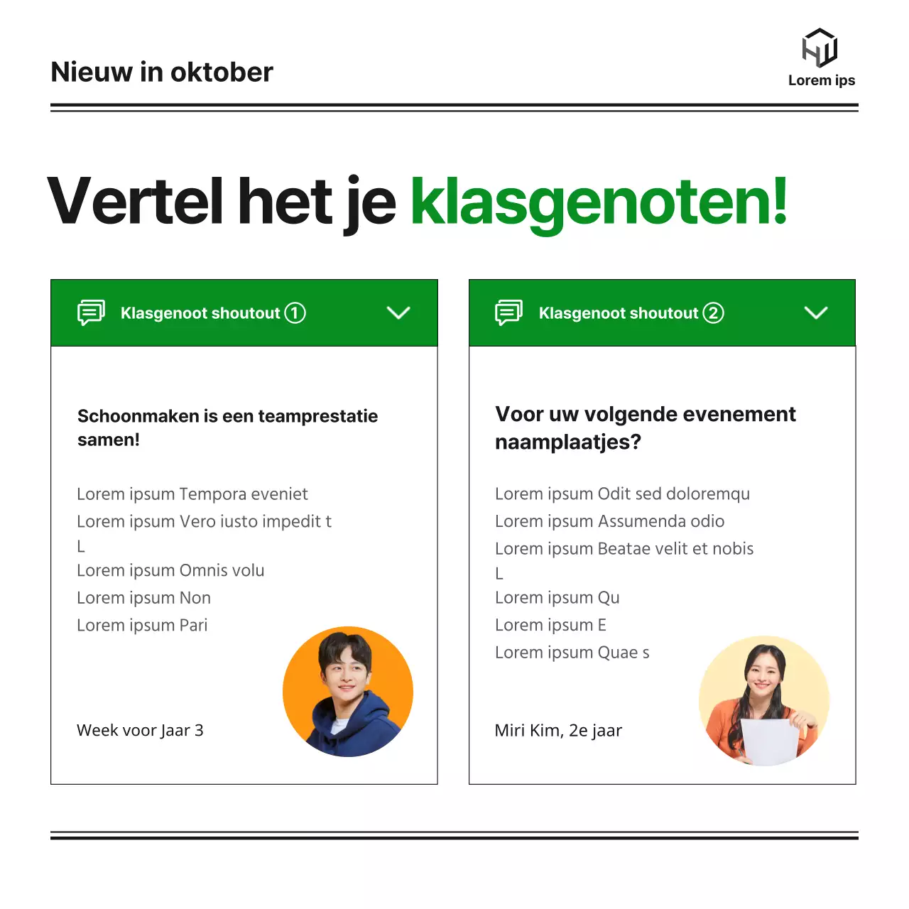 Een maandelijkse nieuwsbrief van een universitaire bachelorafdeling met een leuke, nette en eenvoudige blog in groen en oranje en monotone illustraties van Notion.