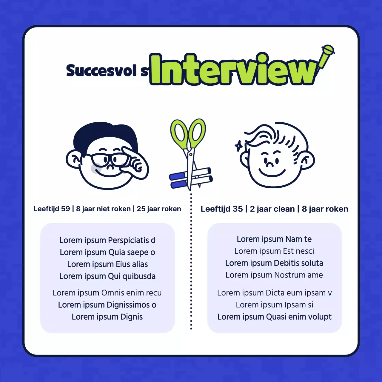 Eenvoudige karakterillustratie in blauw en chartreuse ter introductie van een tabaksvrije gezondheidskliniek.