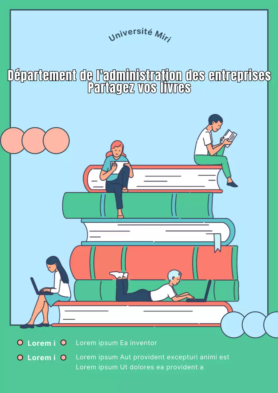 Illustration mignonne turquoise d'un étudiant de l'université qui partage un livre avec d'autres étudiants