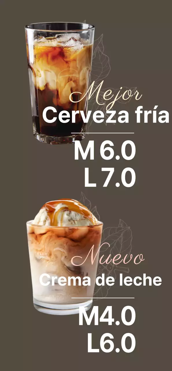 Banner monótono de cafetería con café con leche con caramelo y cerveza fría en un diseño atmosférico sobre fondo oscuro.