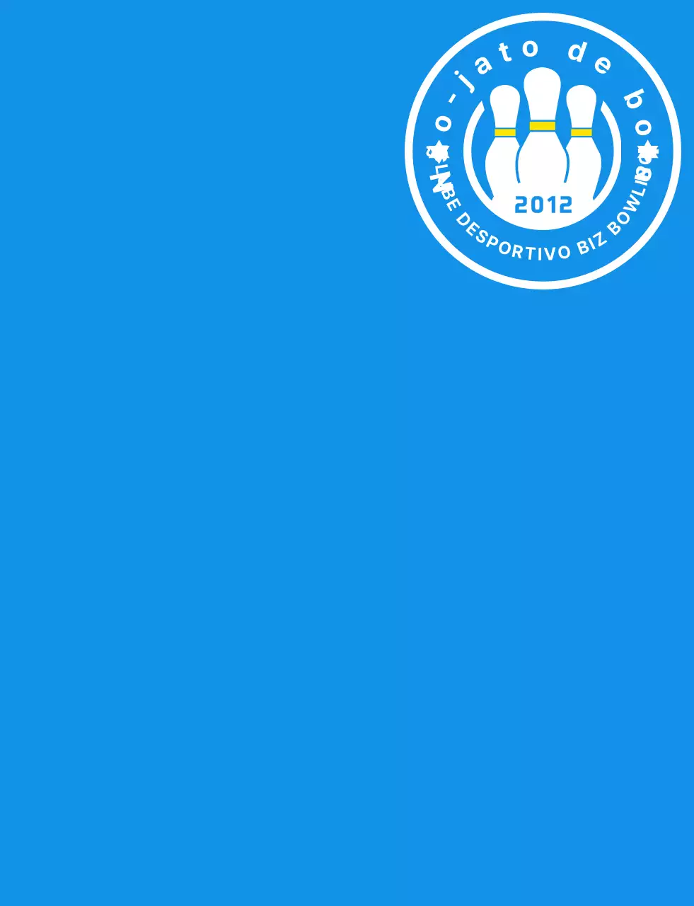Uma ilustração e um logótipo de emblema de bowling simples em azul claro, branco e amarelo para um clube desportivo de bowling.