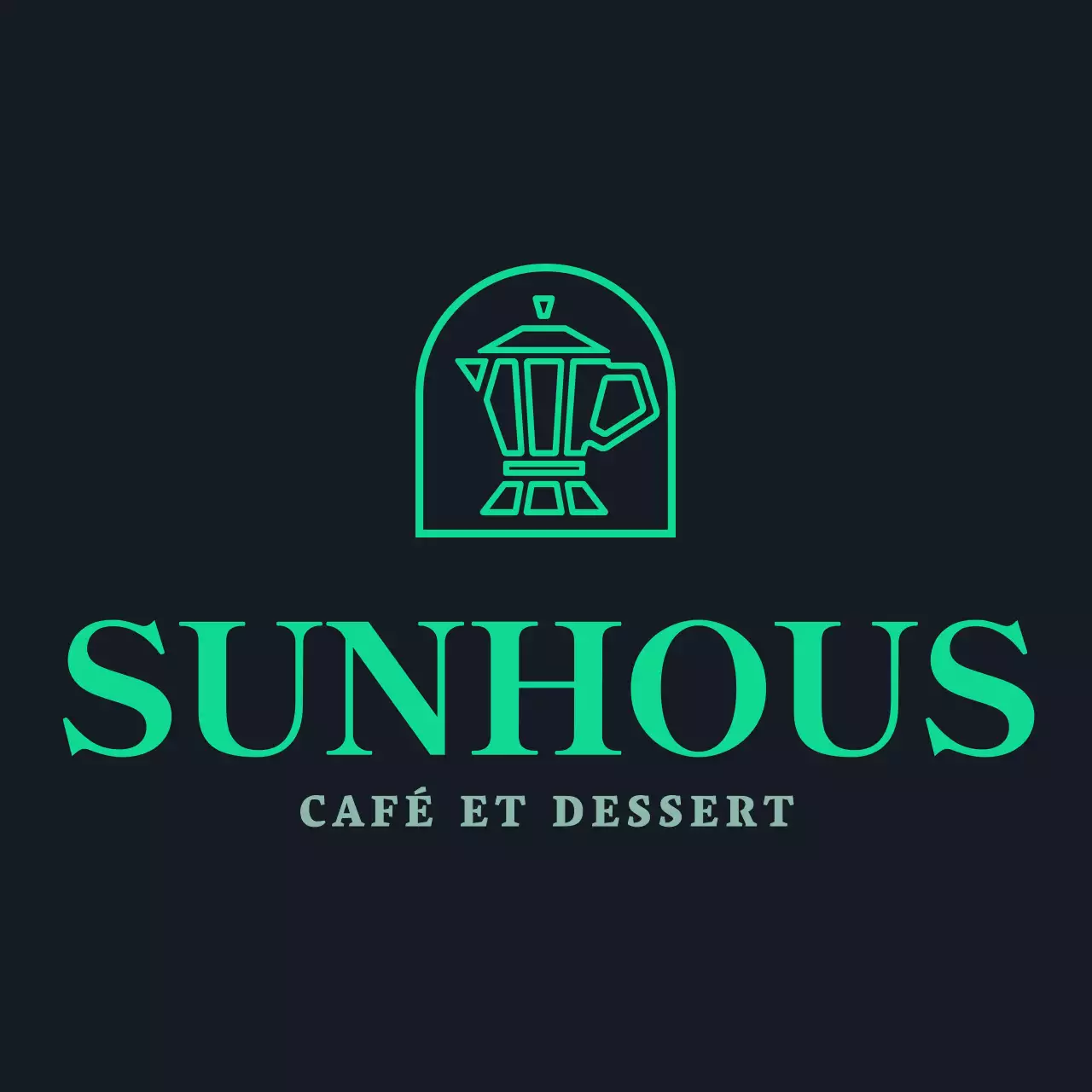 Logo du symbole de la cafetière en vert et blanc, simple et moderne, pour le personnel d'un café