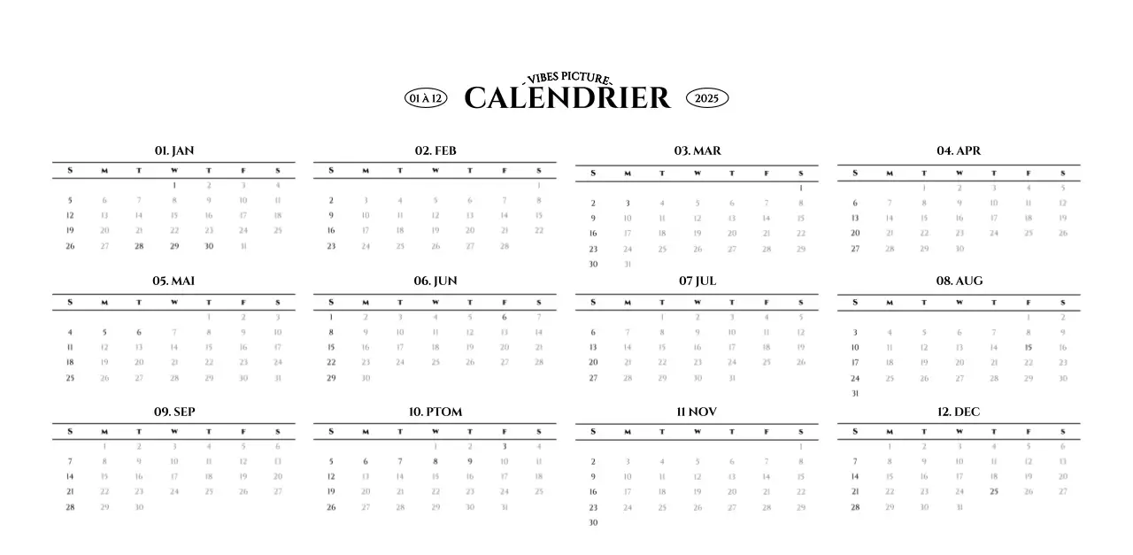 Calendrier mural de style simple avec concept de photographie de voyage émotionnelle en noir et blanc