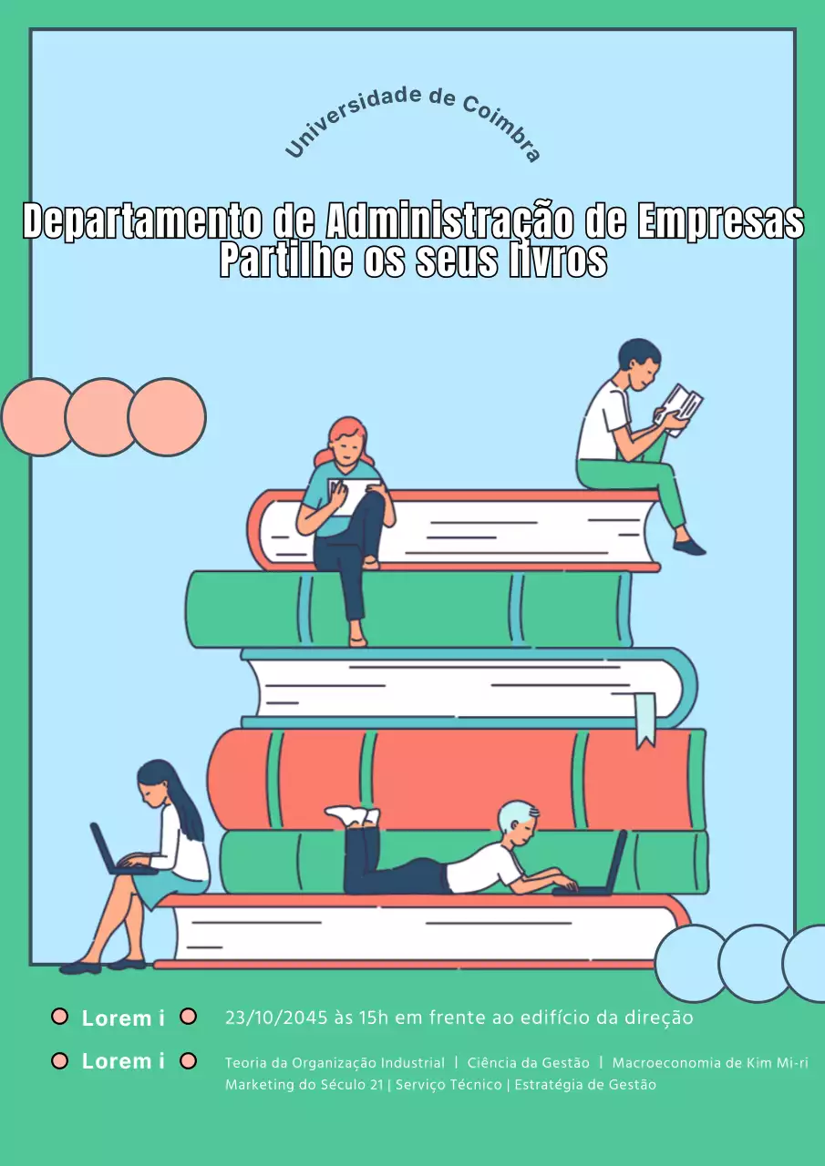 Cartaz de partilha de livros de estudantes universitários com uma ilustração gira em turquesa
