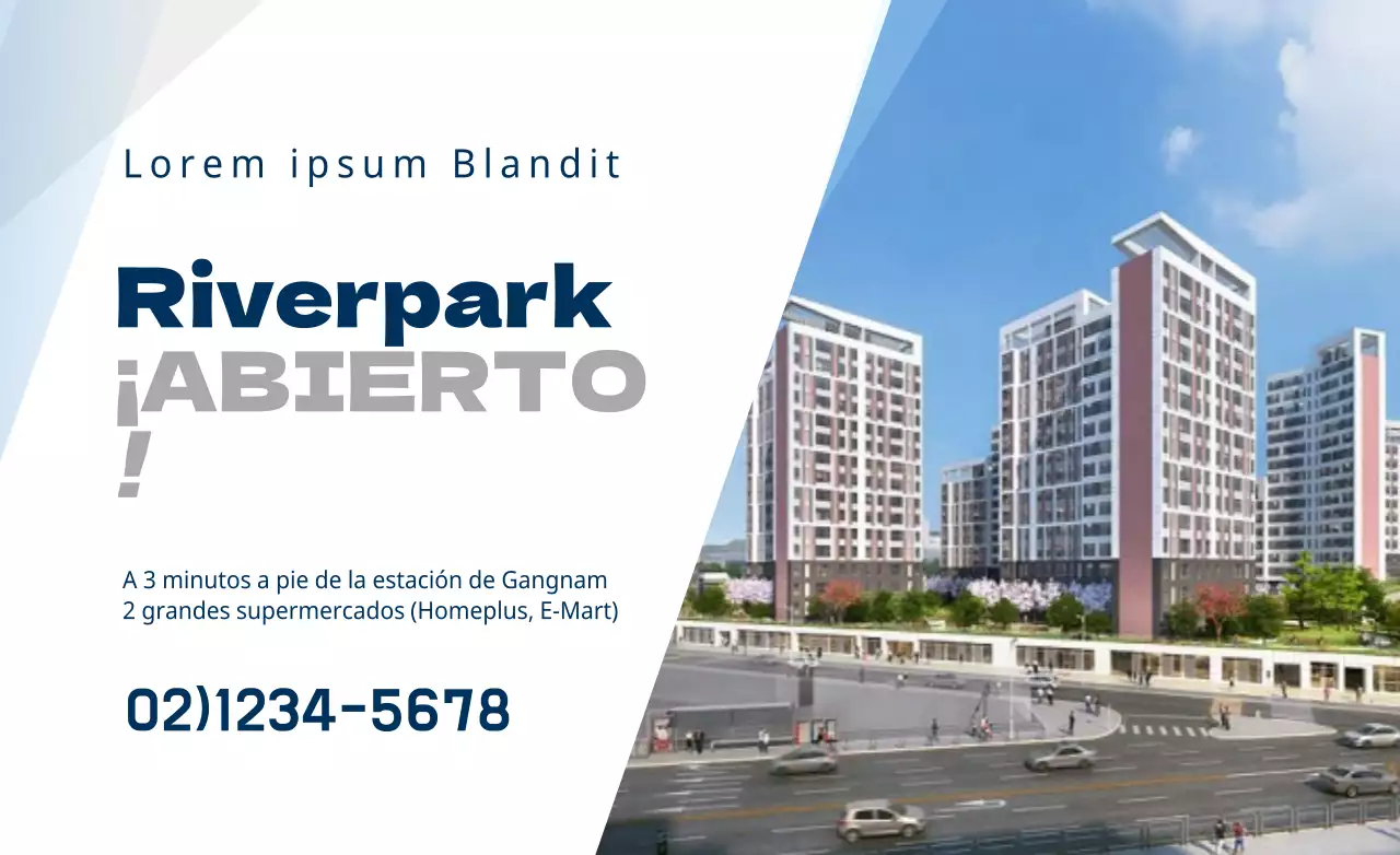 Diseño sencillo y limpio con fotos y texto en azul marino y gris.