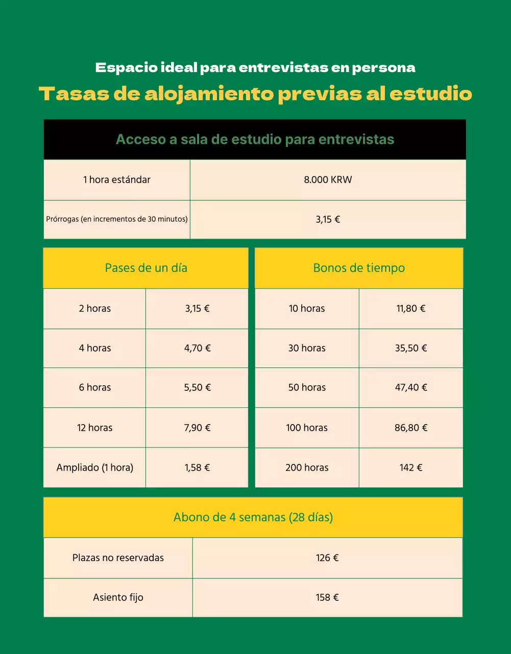 Entrevista presencial StudyCafe en verde y amarillo vibrante