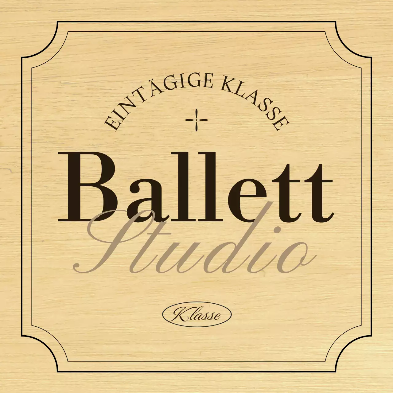 Ein klassisches Ballettschulschild mit schwarzem und braunem Text und Illustrationen.