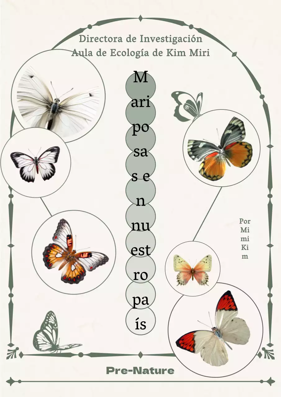 Ensayo sobre la ecología de las mariposas con marco circular de mariposa en tema beige y verde