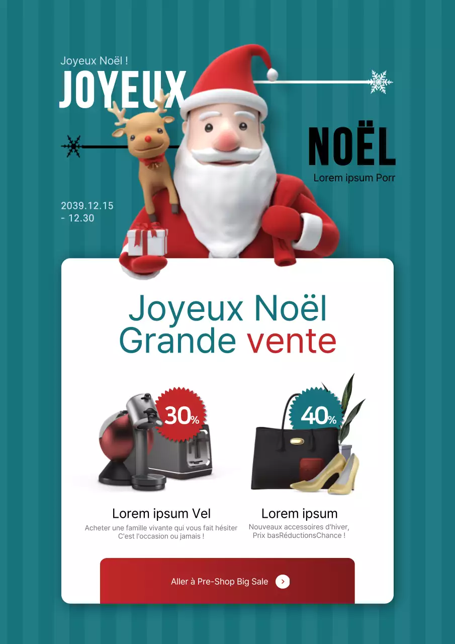 Vente d'articles de Noël avec des personnages de père Noël turquoise et rouge