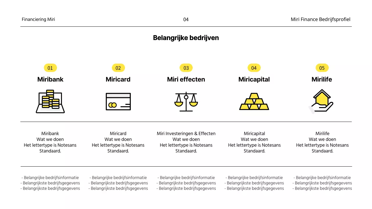 Een minimalistisch financieel bedrijfsprofiel in geel en wit
