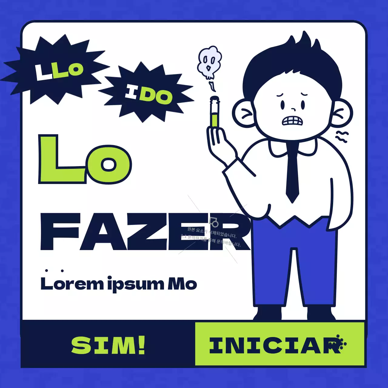 Ilustração de carácter simples em azul e chartreuse apresentando uma clínica de saúde sem tabaco.