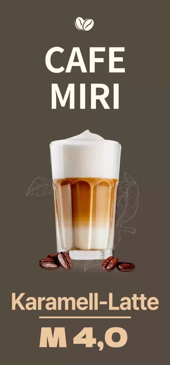 Monotones Café-Banner mit Karamell-Latte und Cold Brew in einem stimmungsvollen Design auf dunklem Hintergrund