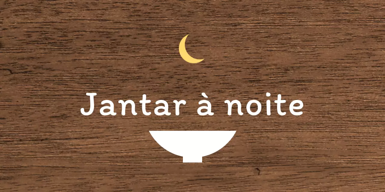 Um simples letreiro de restaurante noturno com texto branco e amarelo e uma ilustração de uma lua em forma de taça.
