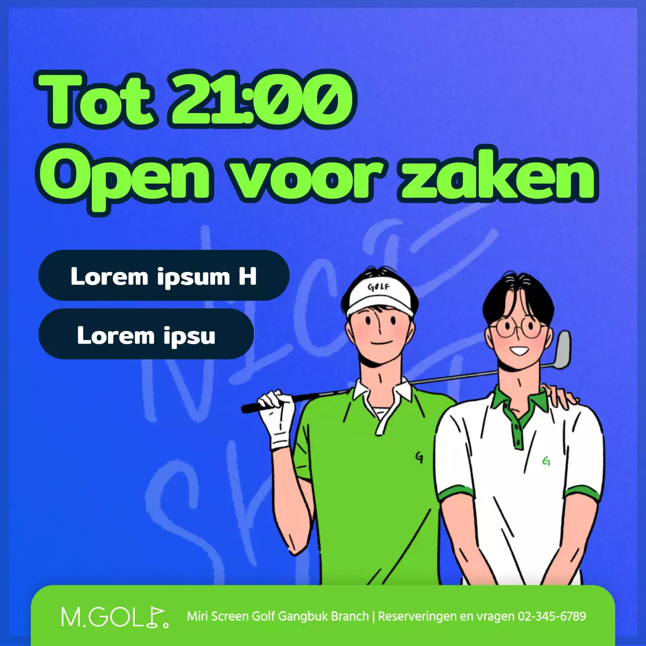 Openingstijden golfbaan in blauw en chartreuse