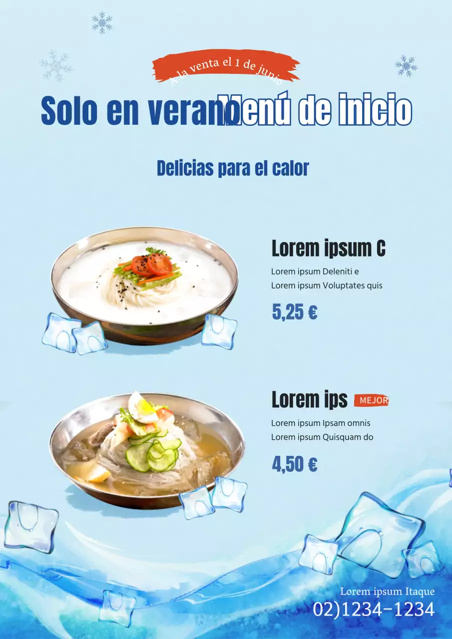 Promocione el menú de verano de su restaurante con un fondo azul helado y fresco