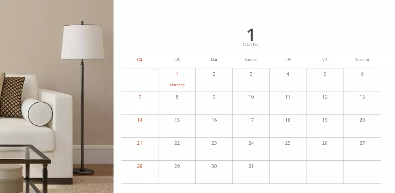 Calendario de interiorismo en blanco y limpio