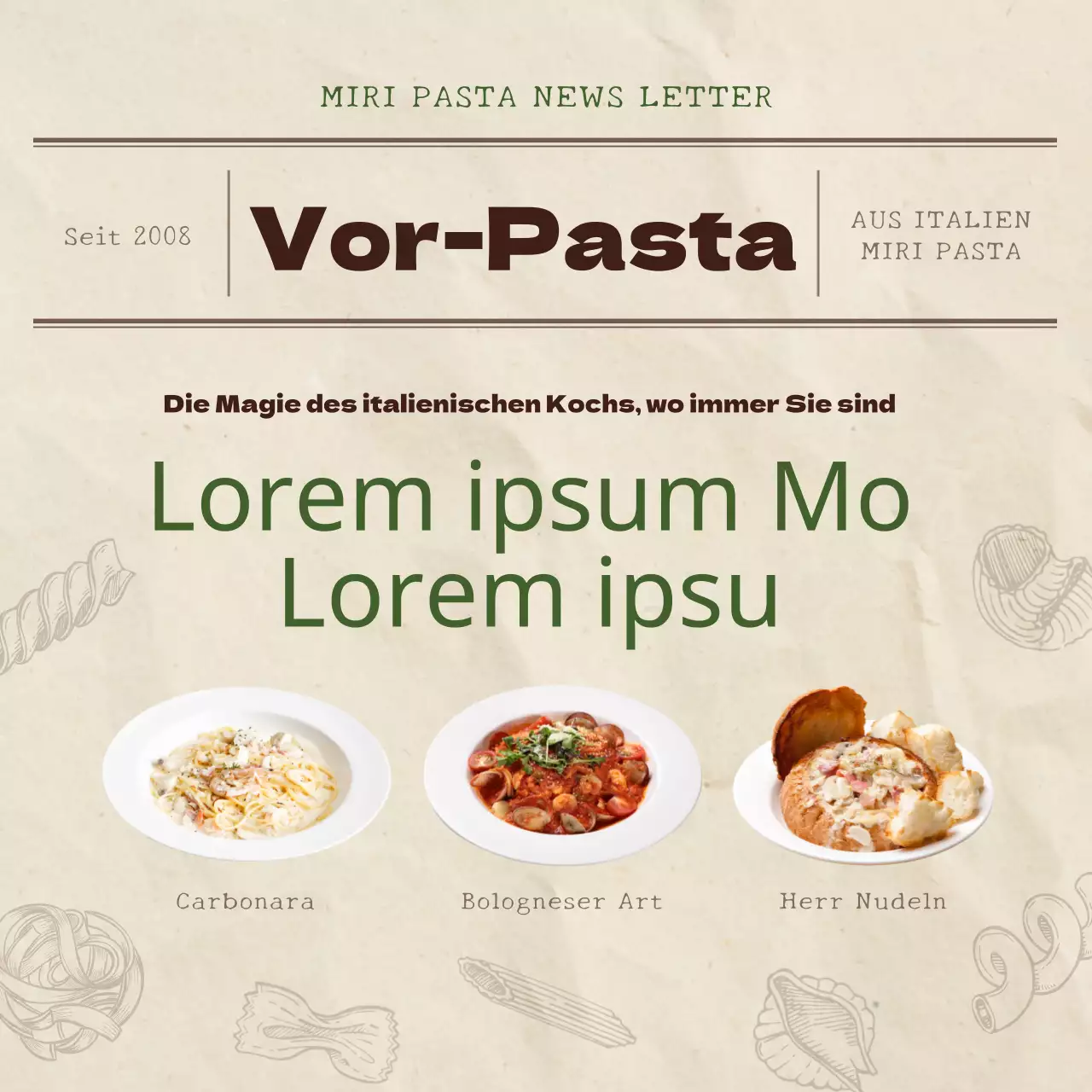Werbung für das neue Pasta Meal Kit-Menü in beigefarbenem Vintage-Look