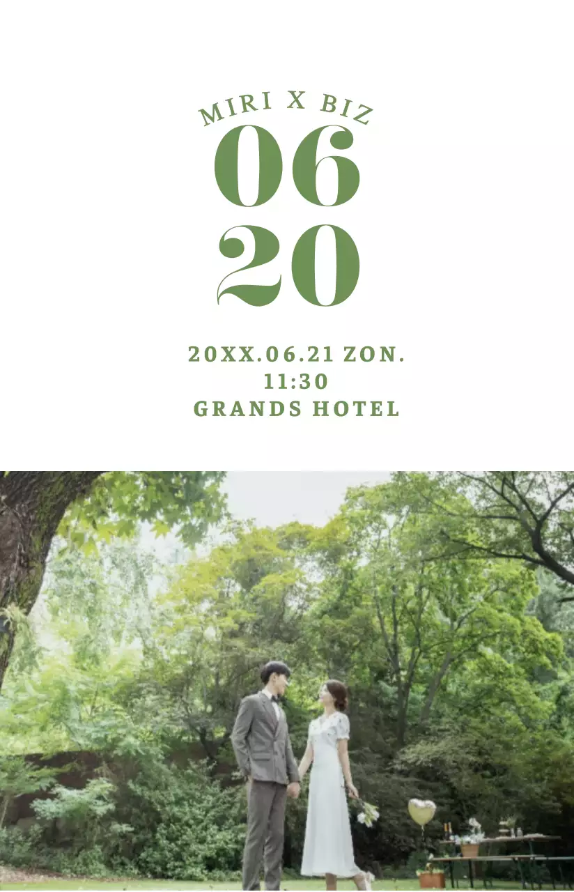 Fotokaart huwelijksuitnodiging met groen en wit bruidswerk