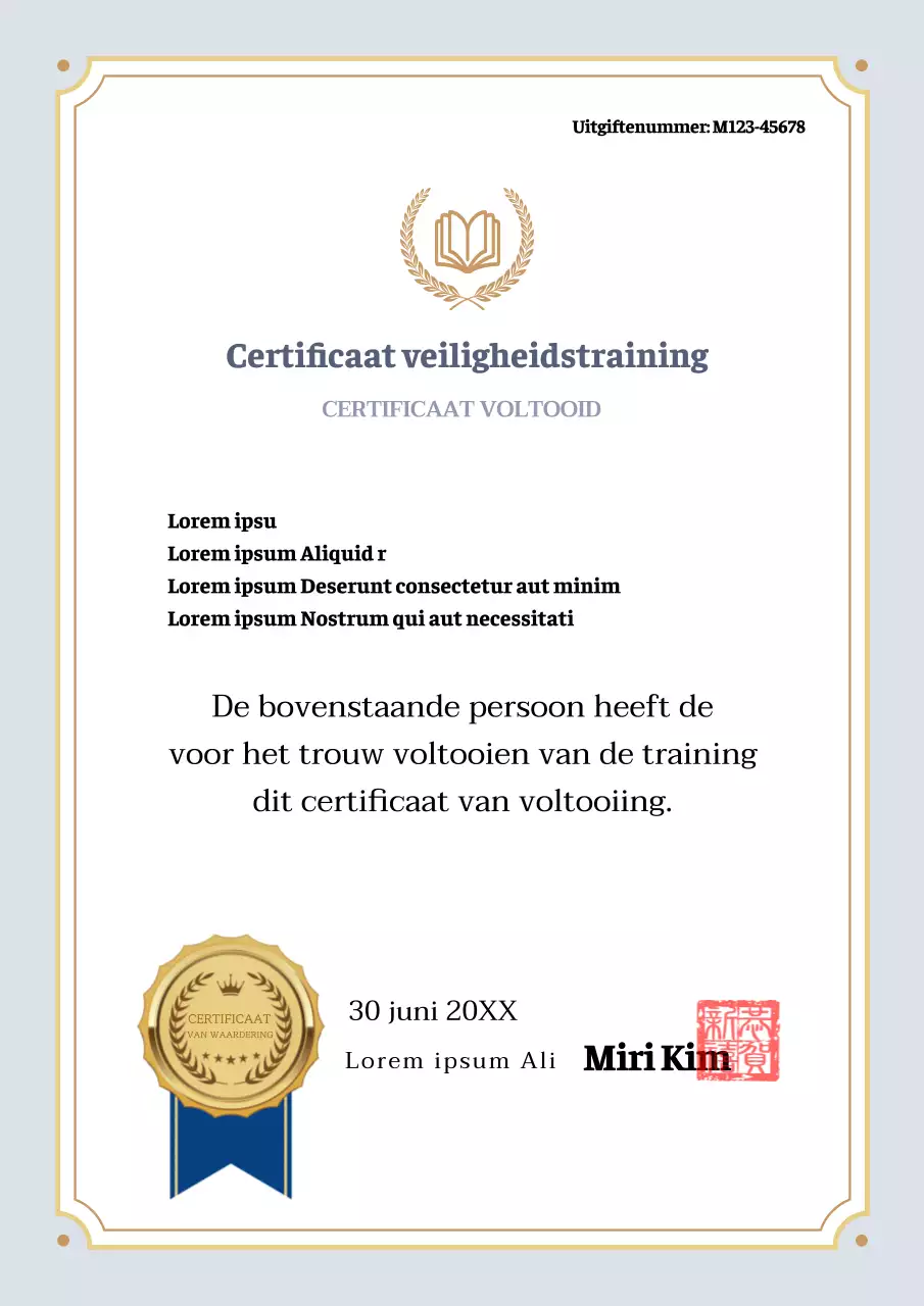 Eenvoudige stijl veiligheidscertificaat in lichtgrijs en zwart