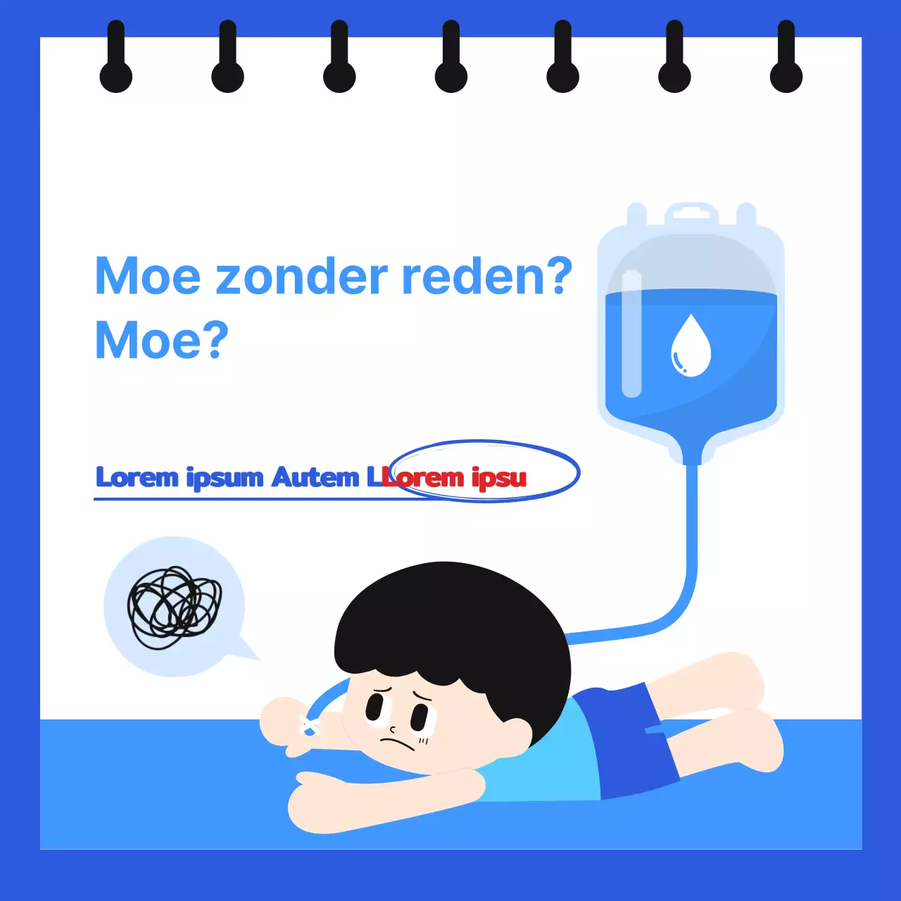 Informatie over chronische uitdroging in een notitieboekje-achtig formaat met schattige, eenvoudige illustraties in blauw en lichtblauw.