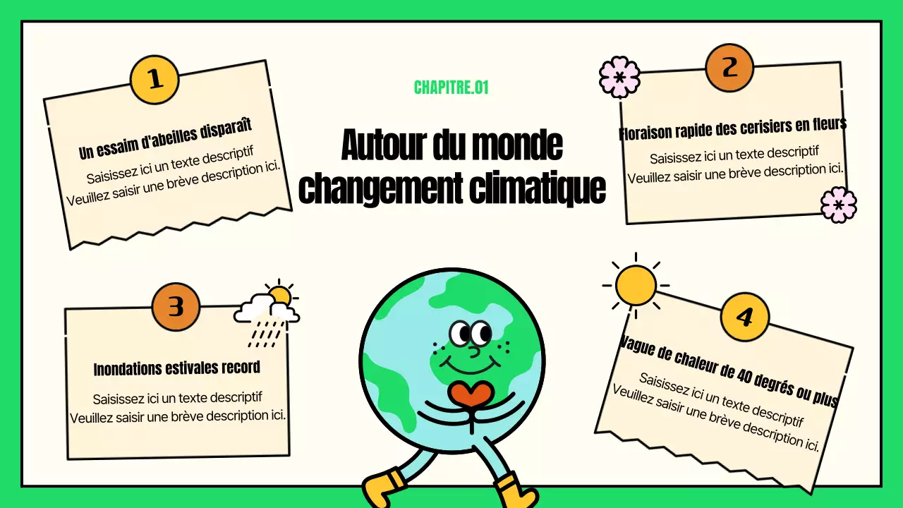 Illustrations mignonnes aux accents verts et jaunes Action en faveur de la GSE et du changement climatique