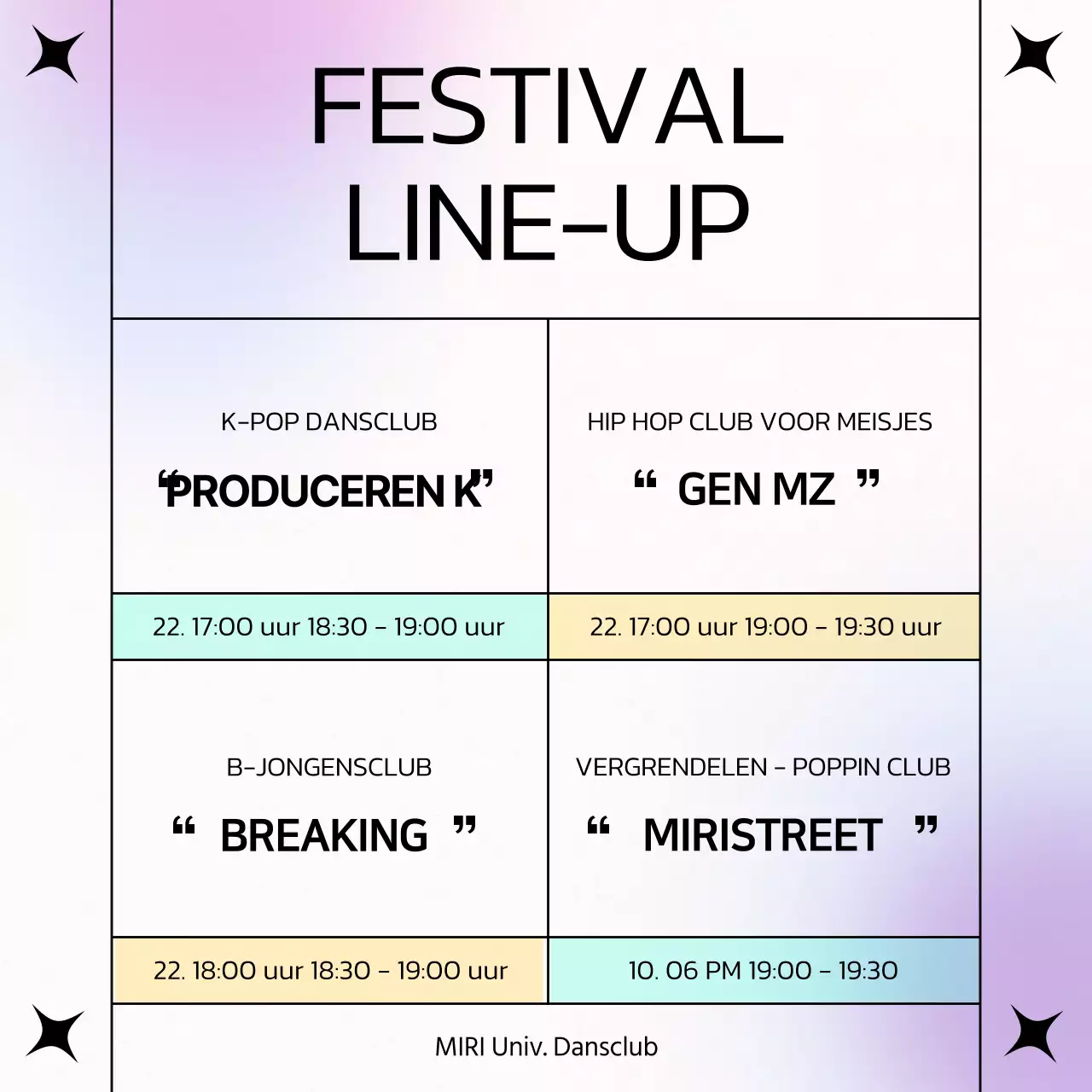 Bekendmaking van de line-up voor de mintpaarse pop van dancecluboptredens