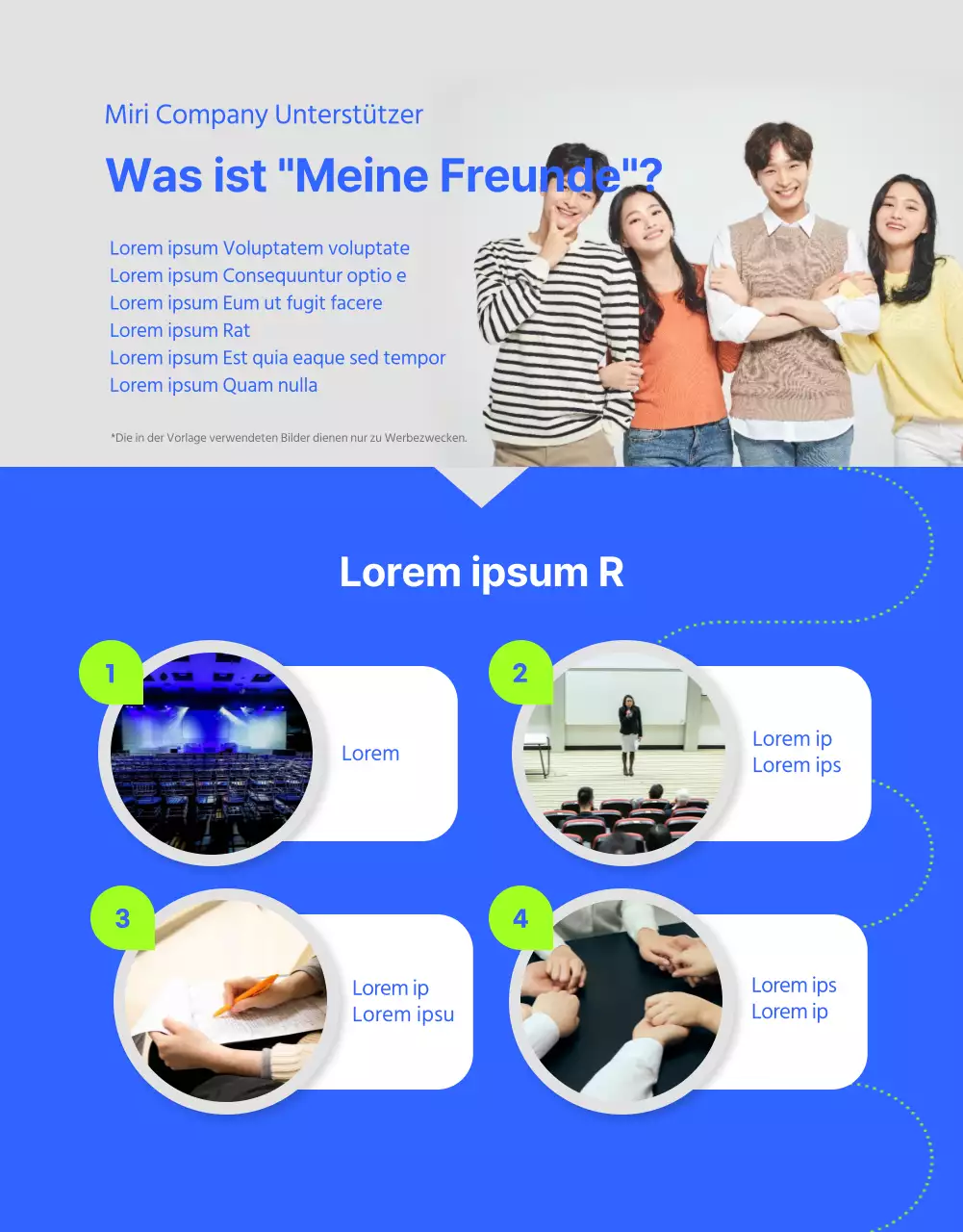 Details zur Ankündigung der Unterstützer in einem lebhaften blau-grünen Farbschema