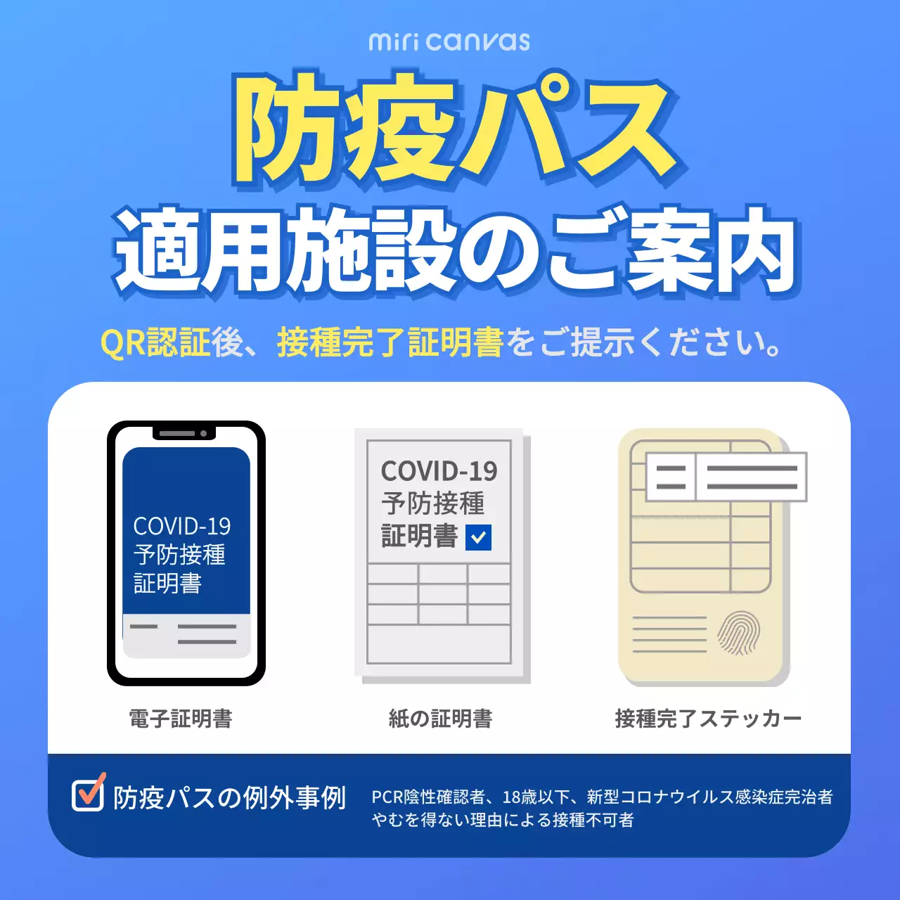青色のシンプルな防疫パス適用施設のご案内
