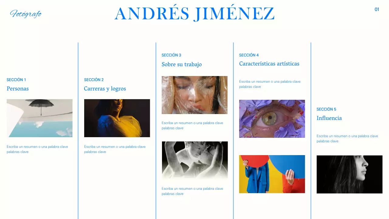 Moderno reportaje en azul, negro y blanco