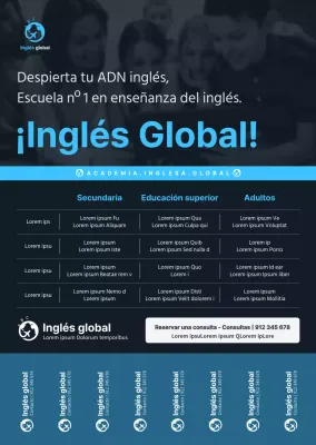Estilo sencillo y limpio en azul y azul marino oscuro para información y promoción de escuelas de inglés
