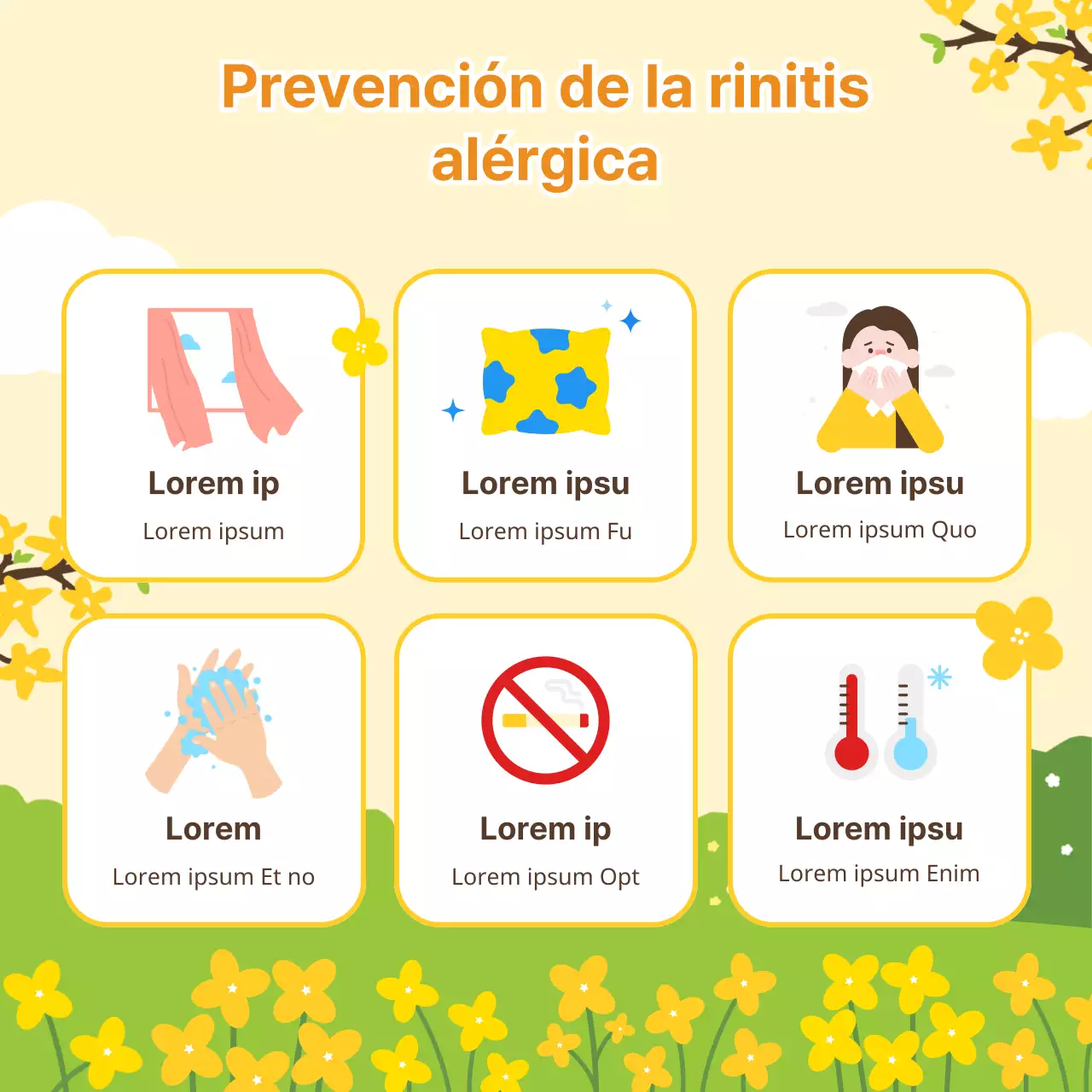 Una ilustración cálida, fresca y primaveral en tonos pastel amarillos y chartreuse para ayudar a prevenir la rinitis alérgica durante la estación primaveral.