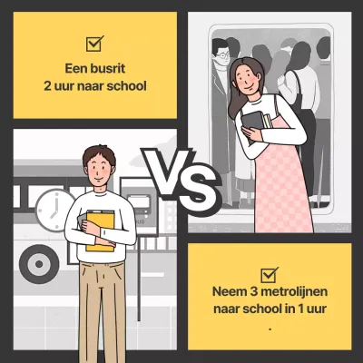 Rechthoekige bus vs metro naar school