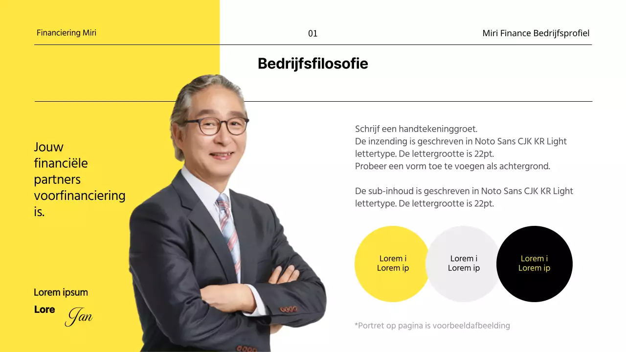 Een minimalistisch financieel bedrijfsprofiel in geel en wit