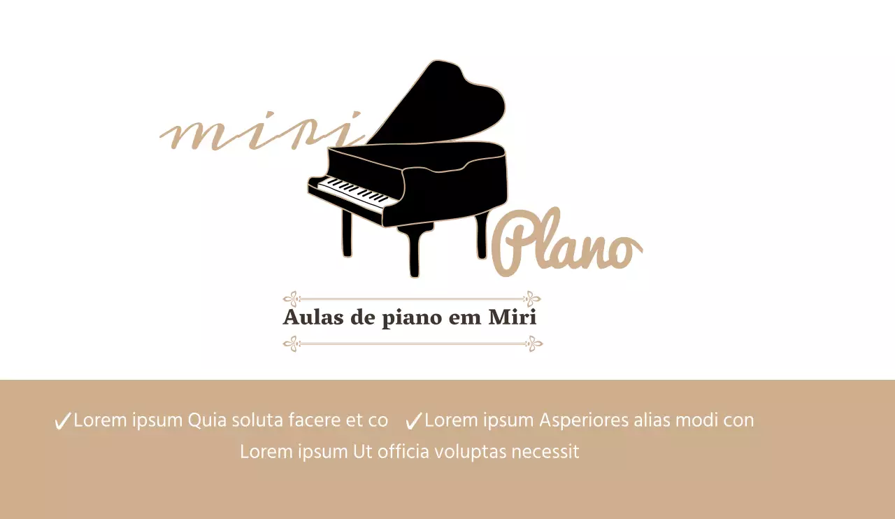 Desenho promocional simples e limpo de uma escola de piano e instrumentos em tons de bege com uma atmosfera calma.