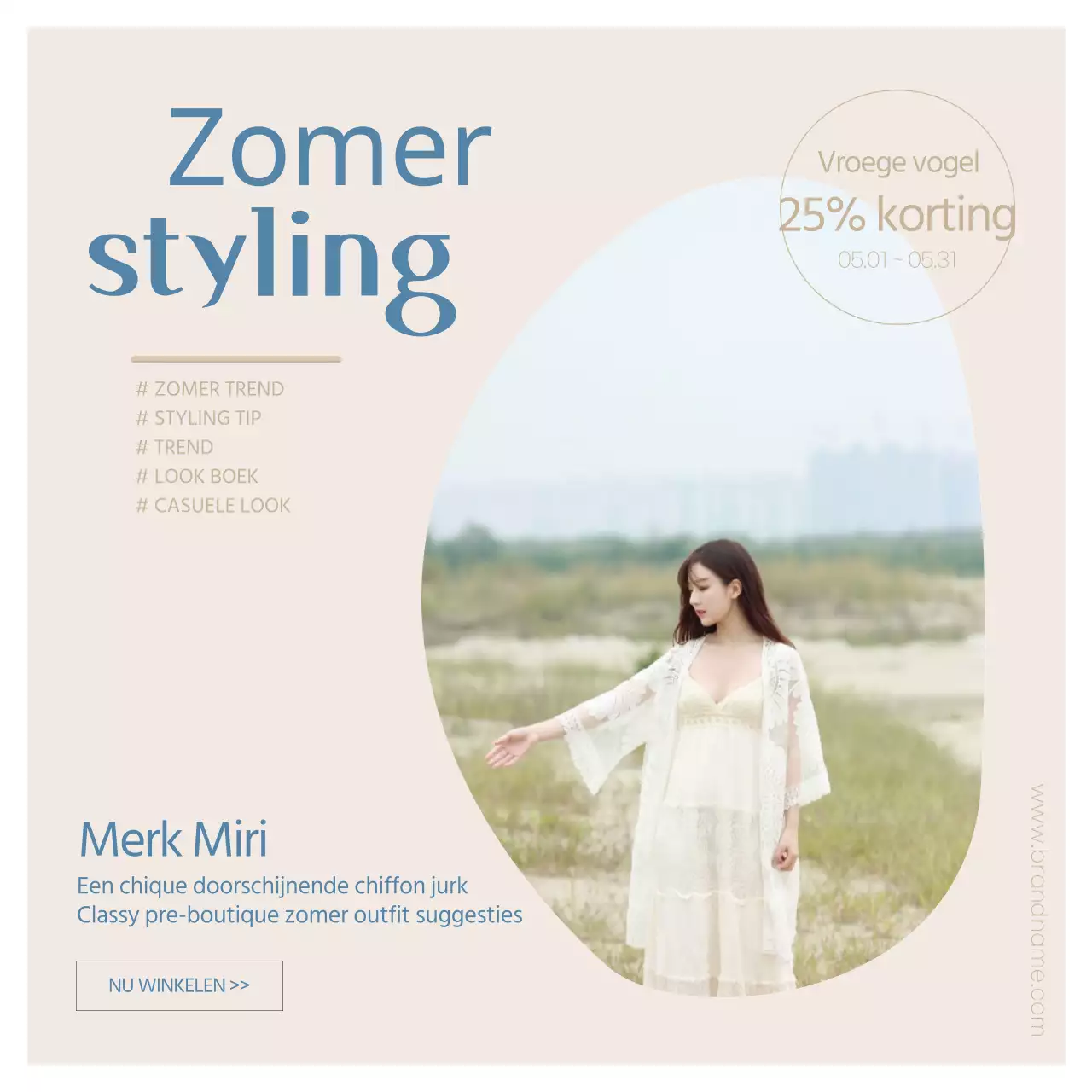 Beige en blauwe zomeroutfitsuggesties en evenementen promoten (sociale mediapleinen)