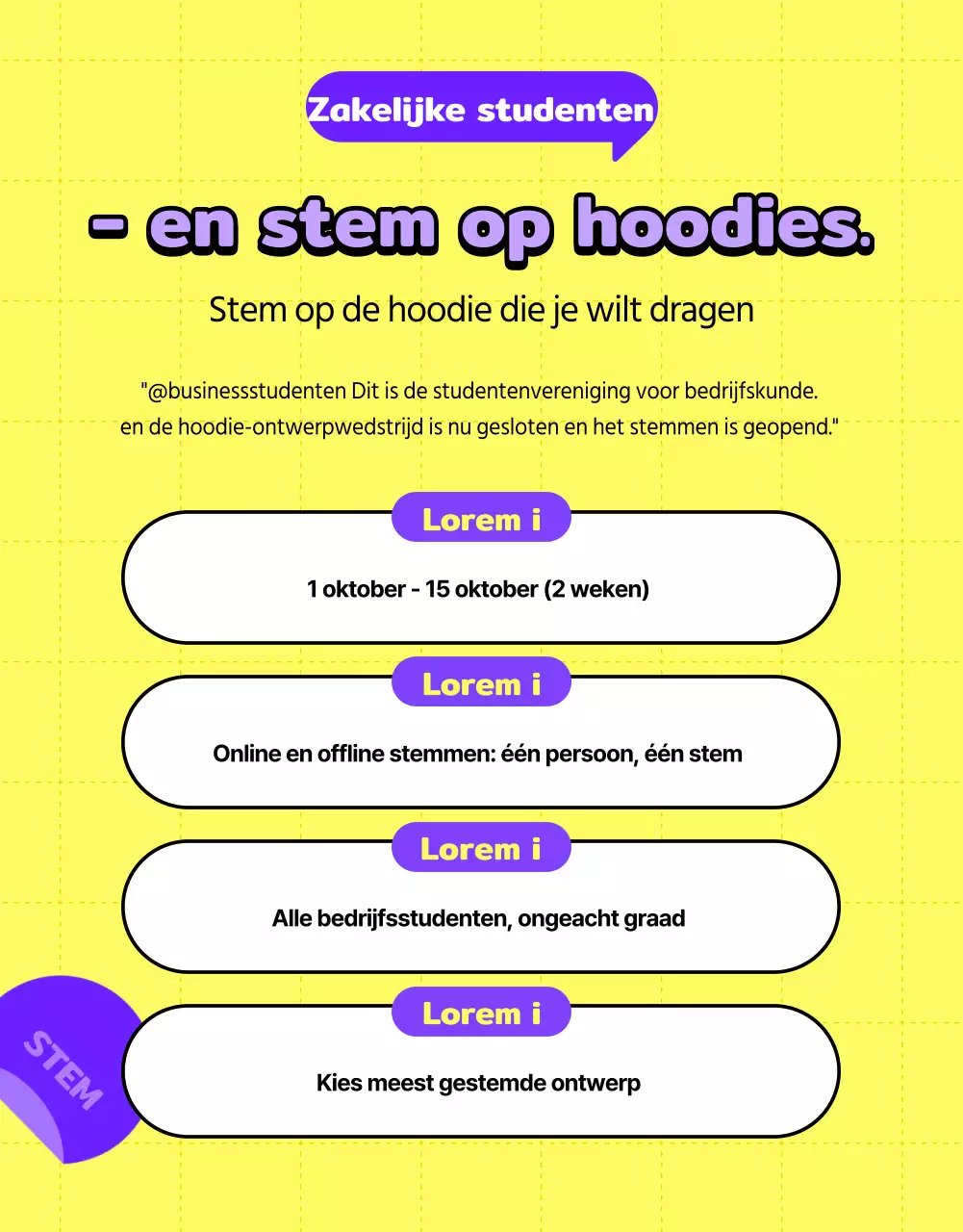 Paars en geel minimalistische universiteit en hoodie stemwijzer
