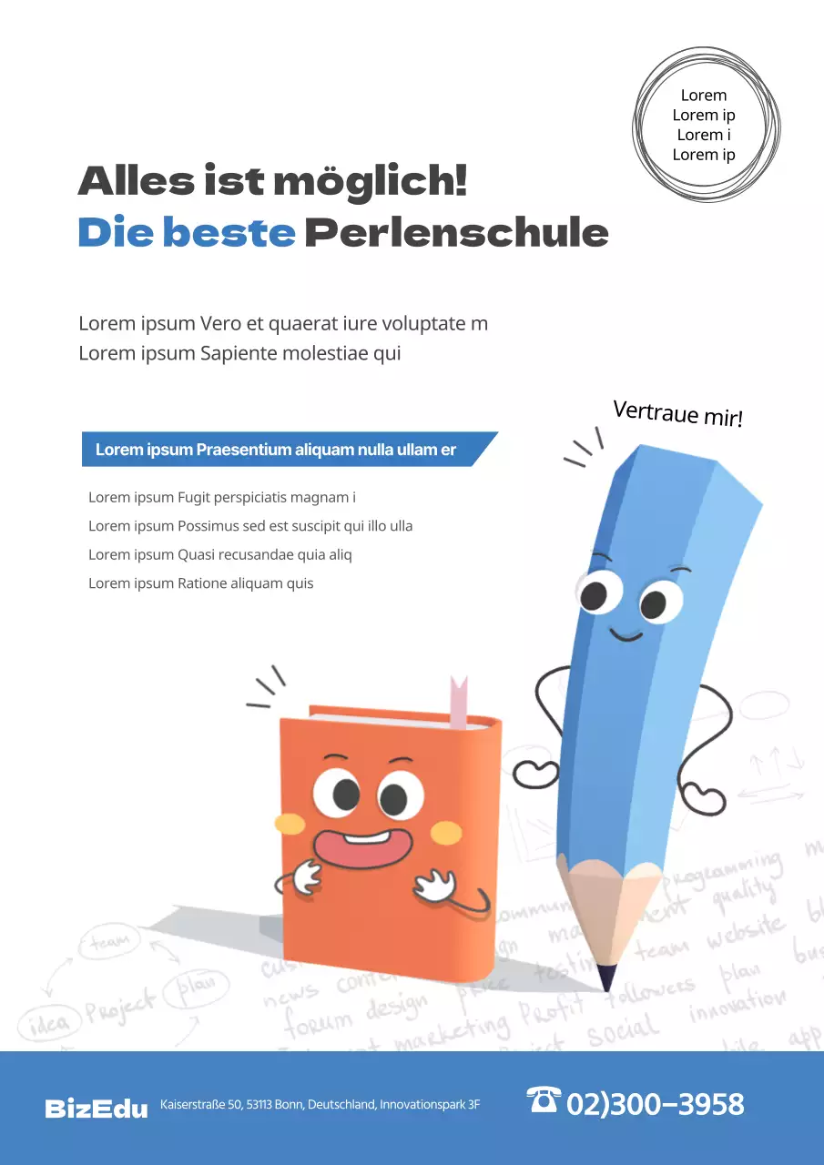 Werben Sie für Ihre Schule mit einer niedlichen blauen Illustration für Schulmaterial