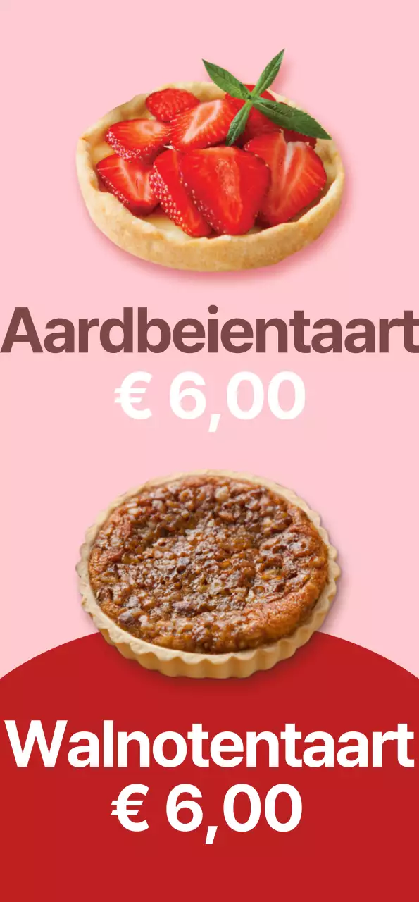 Een banner die een menu van zoete dessert taartjes introduceert met een roze achtergrond