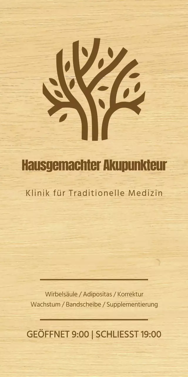 Ein stilvolles Schild für eine Klinik für orientalische Medizin mit braunem Text und einer hölzernen Linienillustration.