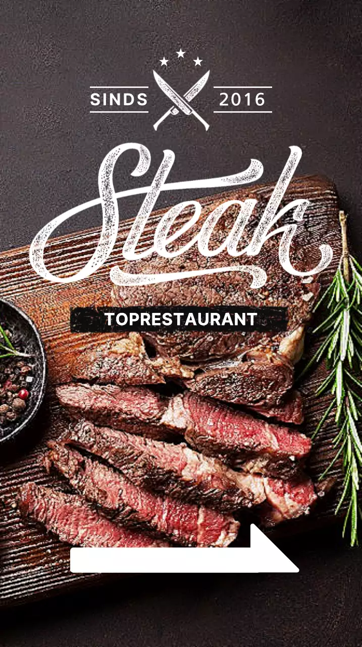 Restaurant banner met een afbeelding van een biefstuk op een zwarte achtergrond