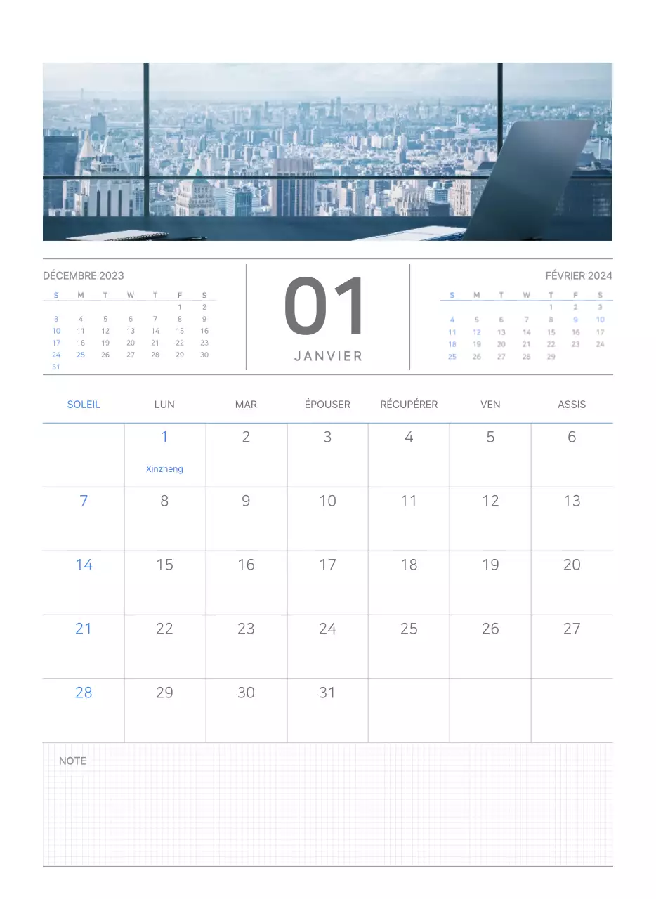 Calendrier mural bleu et blanc avec un concept d'entreprise simple