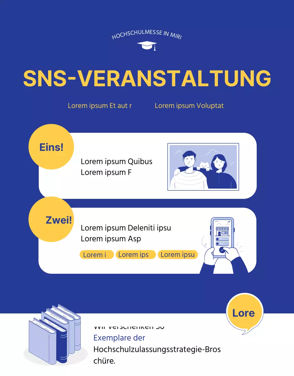 Blaue und gelbe Illustration einer Messe für Hochschulzulassungen