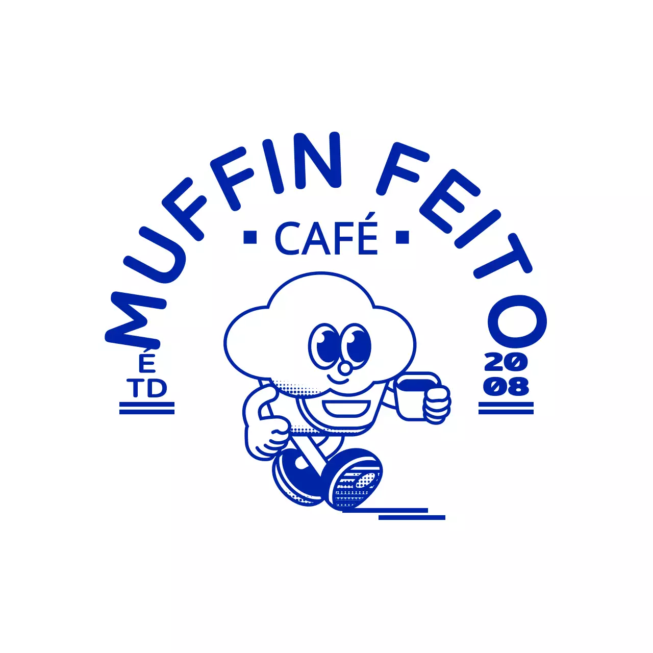 Uma ilustração simples e gira de um cupcake em azul-marinho com um logótipo de café em forma de emblema