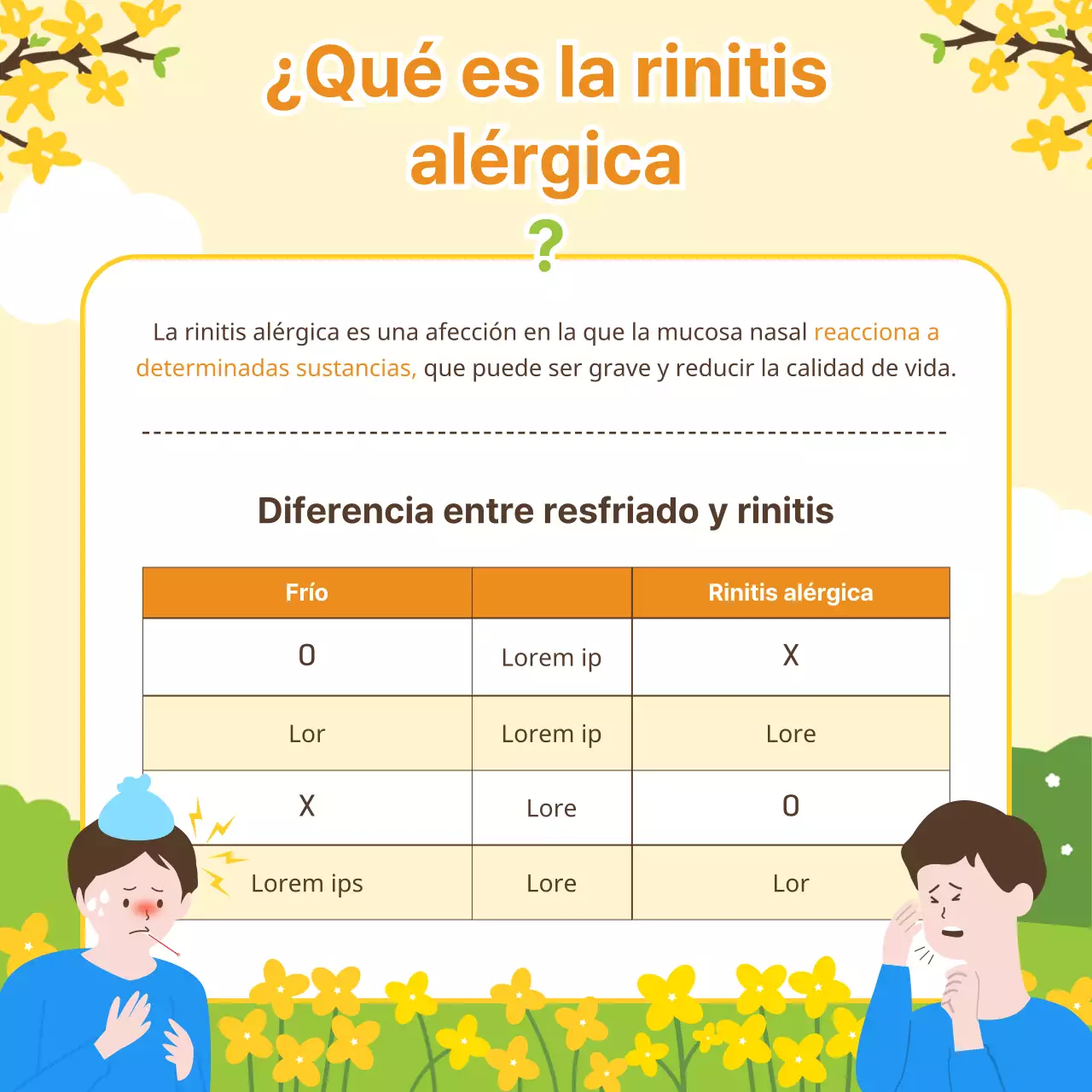 Una ilustración cálida, fresca y primaveral en tonos pastel amarillos y chartreuse para ayudar a prevenir la rinitis alérgica durante la estación primaveral.
