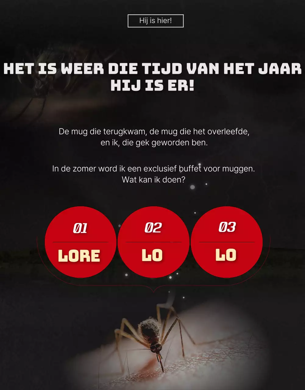 Promoot een muggenwerend product met een zwarte en rode poster van een rampenfilm.
