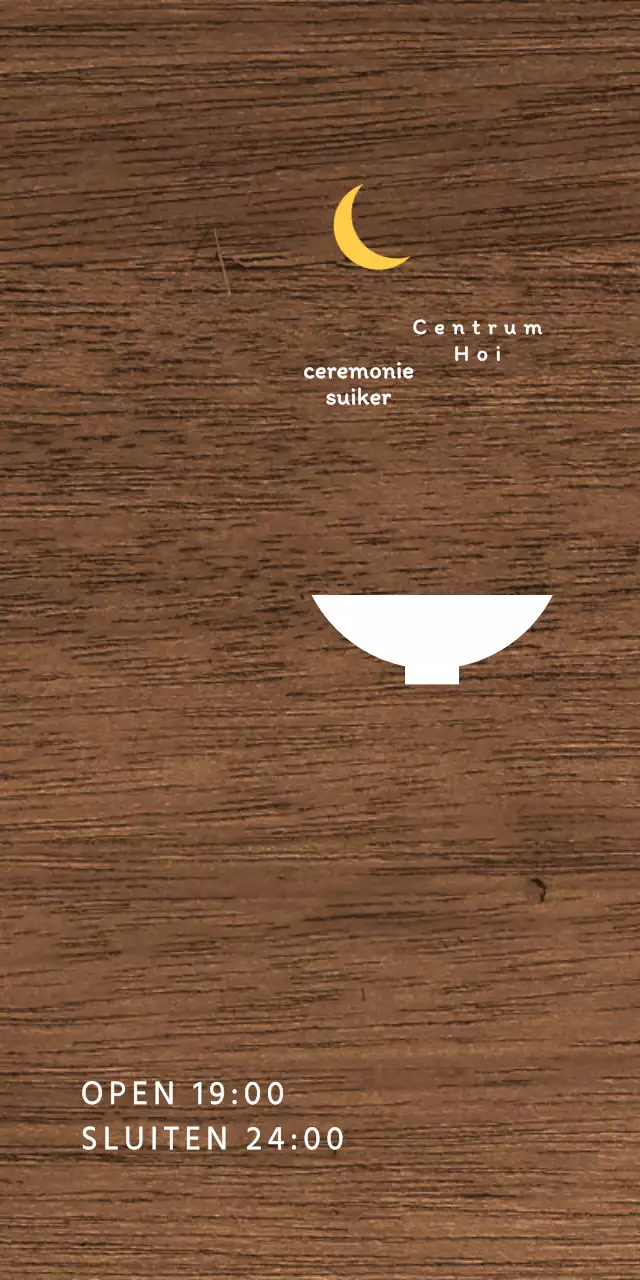 Een eenvoudig bord voor een laat restaurant met witte en gele tekst en een illustratie van een kommaan.