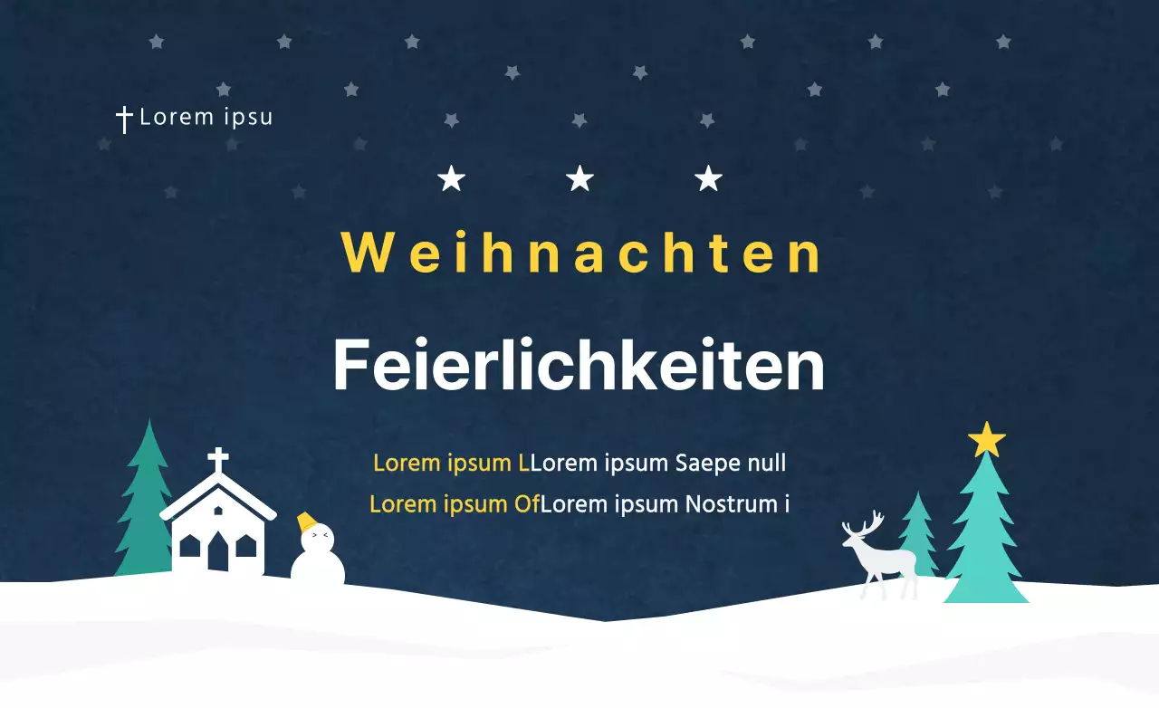 Gestaltung eines Hot Packs zur Werbung für einen Krippen- und Weihnachtsgottesdienst in der Kirche mit einer Illustration eines verschneiten Dorfes.
